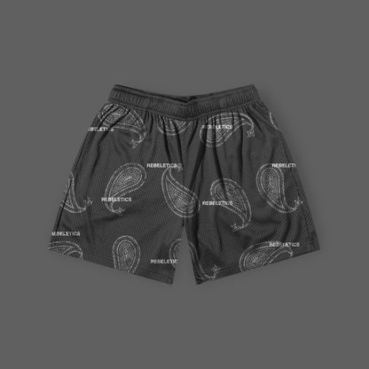 REBELETICS DISTRESSED PAISLEY MESH SHORTS - CHARCOAL