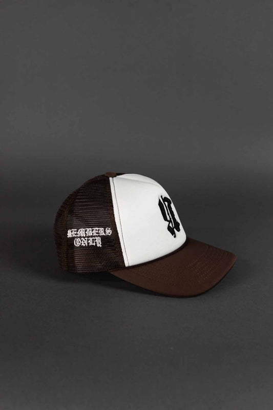 REBELETICS REVERSED "R" TRUCKER HAT - BROWN